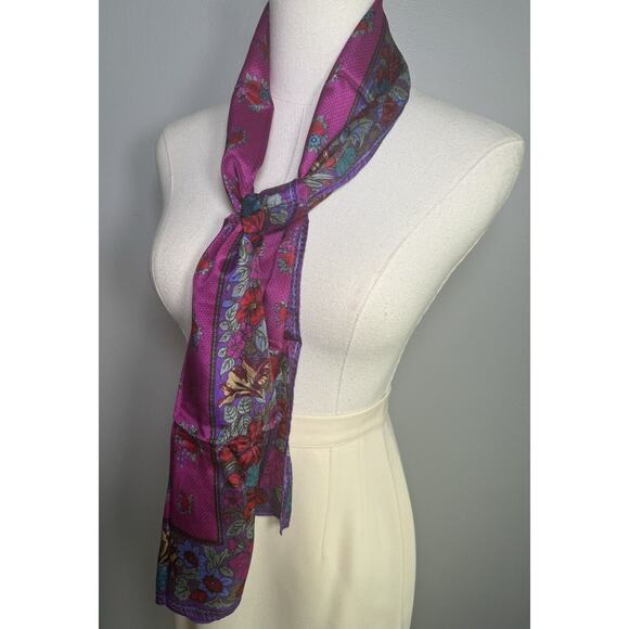 Vintage Liz Claiborne 100% Silk Scarf Purple Flowers Floral Vibrant Rectangle - Picture 2 of 11